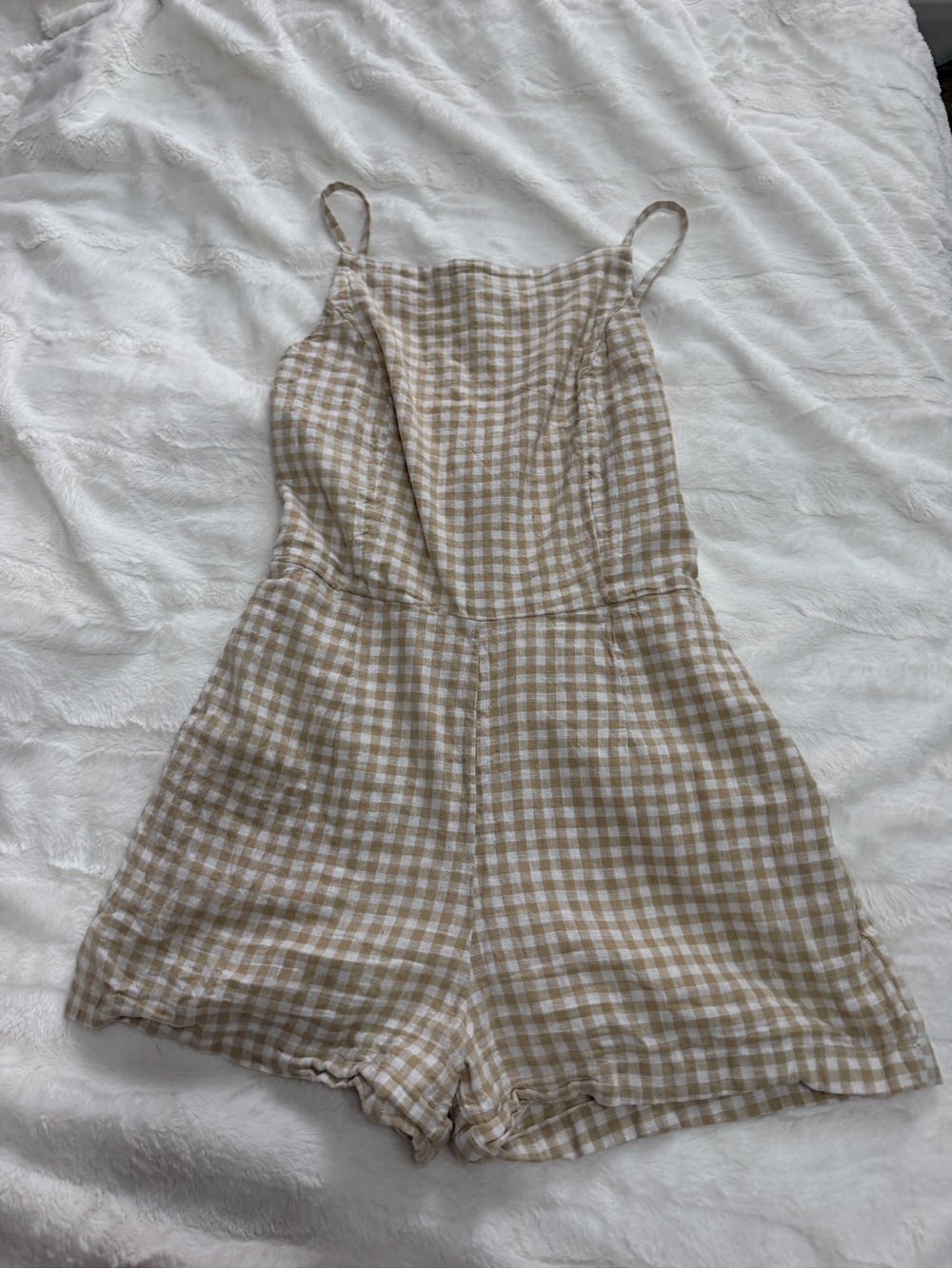 Abercrombie & Fitch Beige and White Gingham Spaghetti-Strap Romper